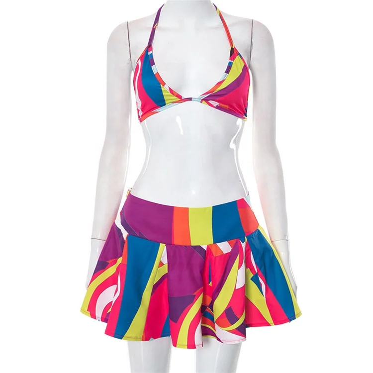 Multicolored 2 Piece Set Women Summer Vacation Beach Stylish Halter Bandage Bra+Pleated Skirt Swimwear Women