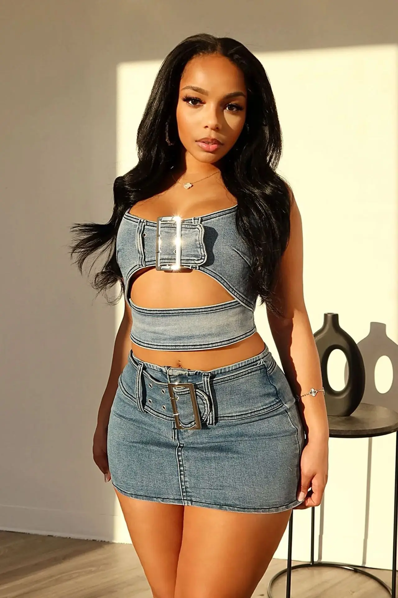 New Peoduct Mini Skirt Set Womens Casual Denim Suit Stretch Denim Camisole Crop Top Two Piece Set factory
