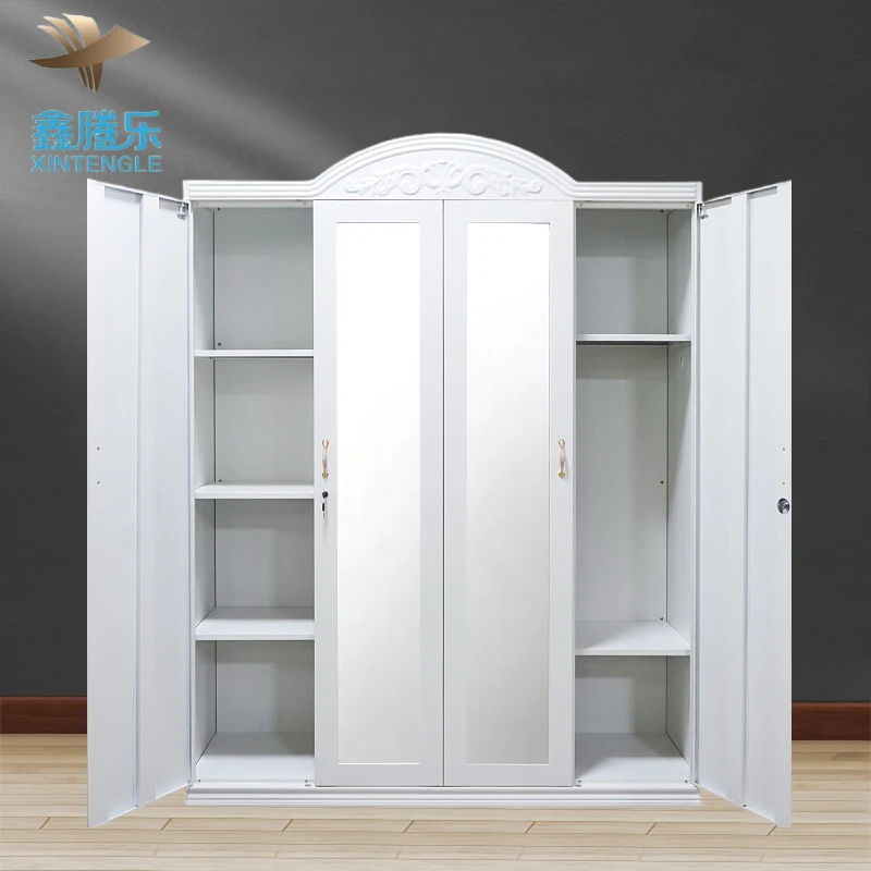 New Design Metal Closet with 4 Swing Doors Embossed Wardrobe Armario para Ropa con Espejo Ropero Bedroom Furniture for Home Use