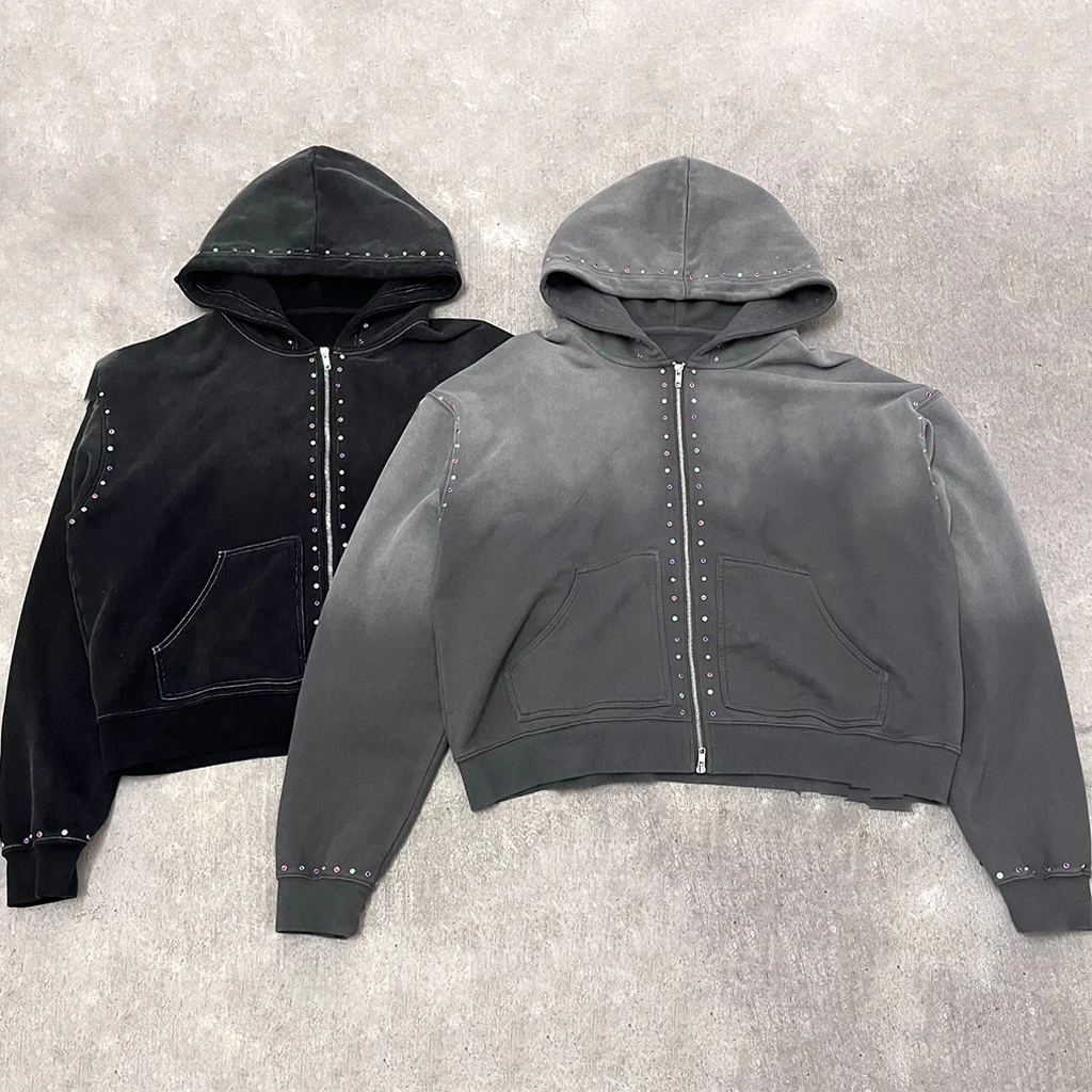 product mens hoodies rhinestone 100 cotton sweatpants and hoodie acid wash set oversized full zip up custom heavyweight for men-8