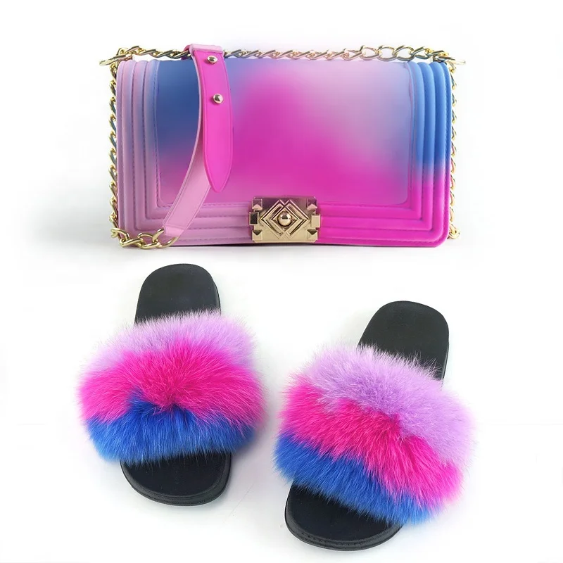 faux fur slides with matching purse