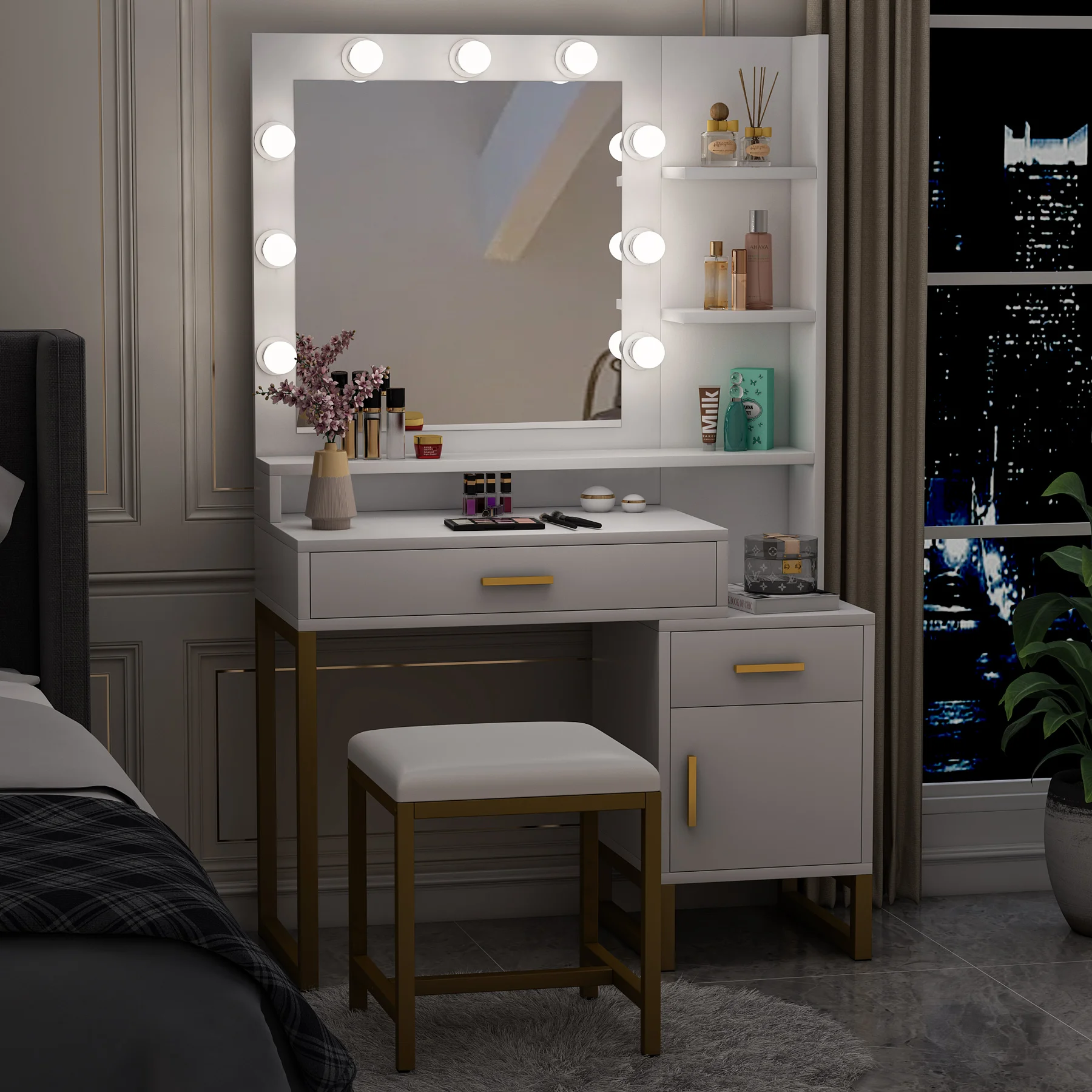 Elegant Makeup Table Vanity Dresser set with 9 LED Lights Mirror Drawer Storage Shelves and Cabinet for Women Girls