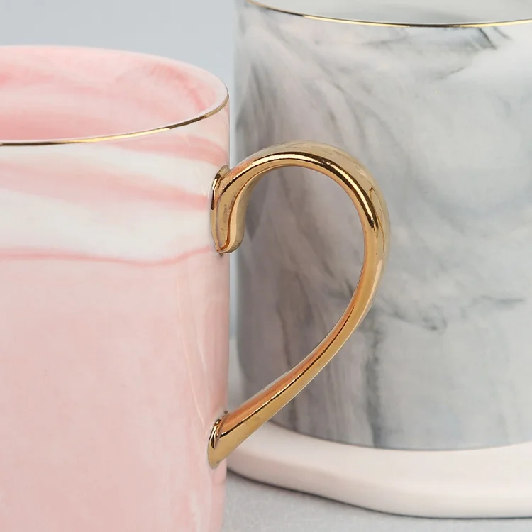 Gloway LOGO Nordic Style Golden Inlay Pink And Gray Fashion Latte Ceramic Mug Porcelain Tea Cup Sublimation Marble Coffee Mug