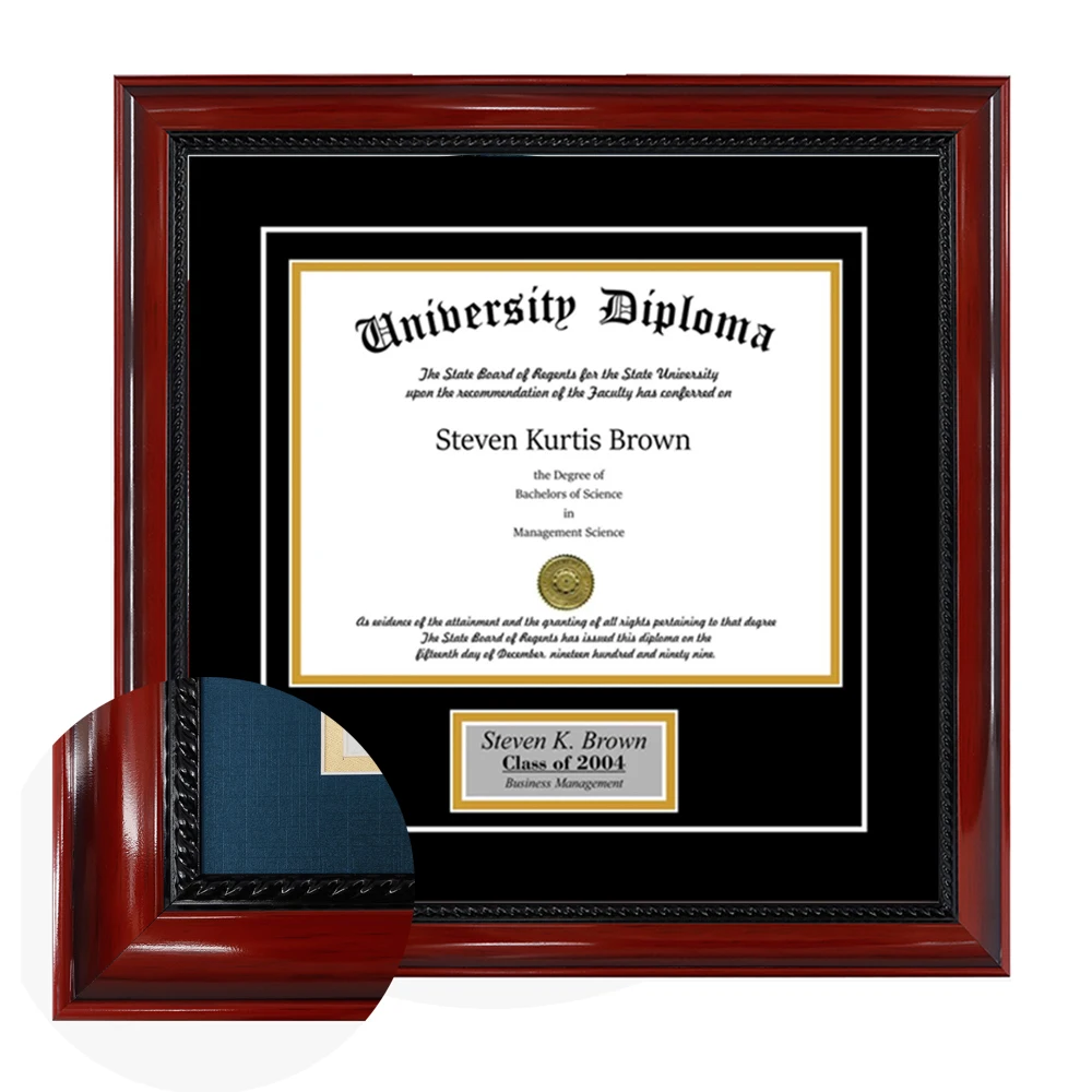 Elegant graduation diploma frame featuring celebratory ribbon detail Wine red solid wood certificate frame with honor ribbon