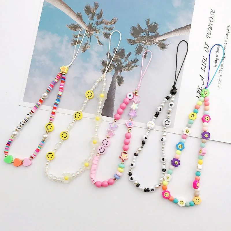 Smiley Face Mobile Phone Chain Handmade Beaded Phone Lanyard Wrist Strap Beads Chain Soft Ceramic Phone Charms Accessories