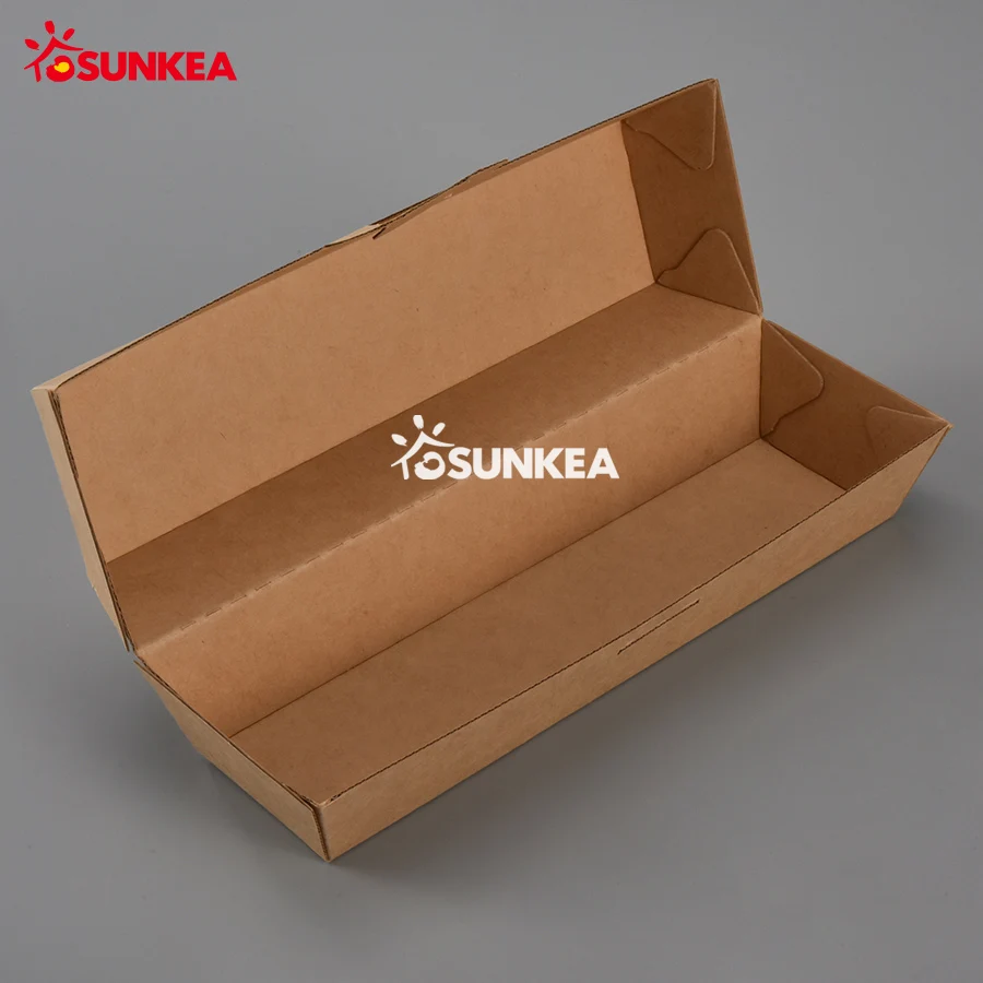 Compostable Fluted kraft paper hamburger box/ Corrugated paper hot dog tray/ Disposable customized paper snack box