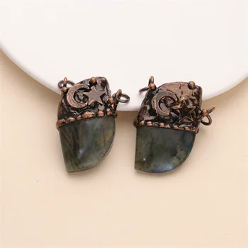 Fashion Gemstone Pendant Charm Antique Moon Star Labradorite Gold Plated Copper Alloy Unisex Jewelry Wholesale