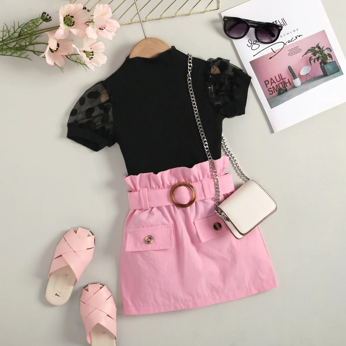 2023 summer little girls clothes sets knitted short-sleeve tops+pink pocket skirt two-piece fashion outfits for girls