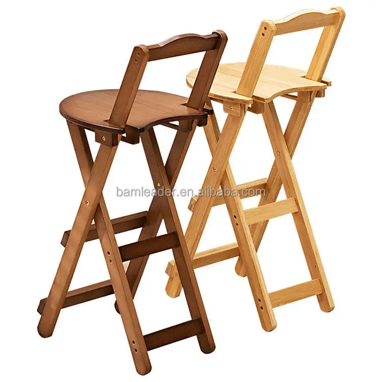 Wholesale Portable Wooden Bar Chairs with Backrest and Footrest Folding Collapsible Natural Bamboo Wooden High Bar Chair Stools