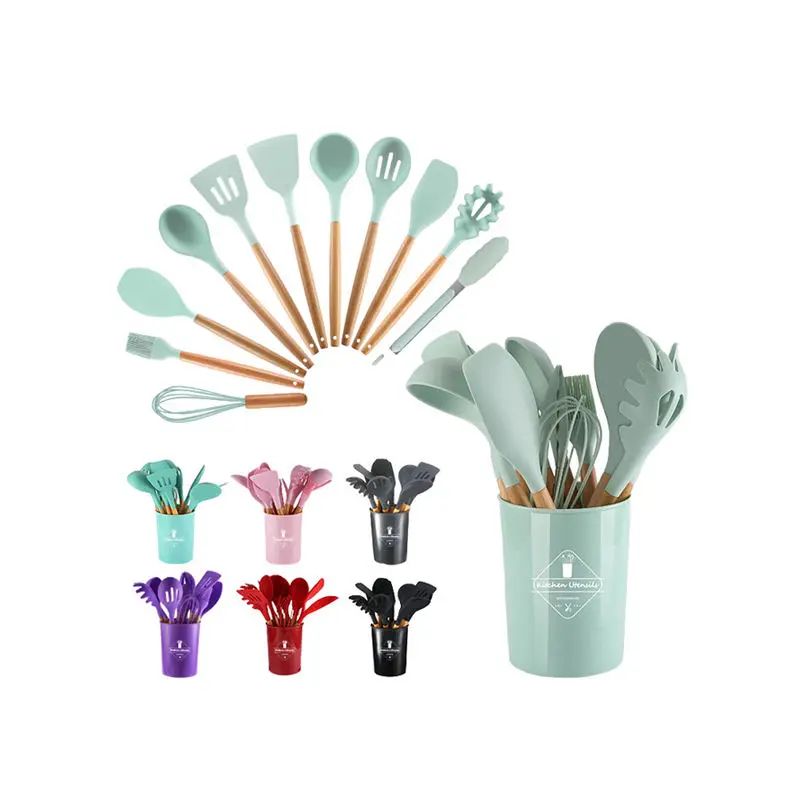 12 Pcs Kitchen Silicone Accessories Tools Kitchenware Silicone Cooking Utensils Set With Wooden Handle