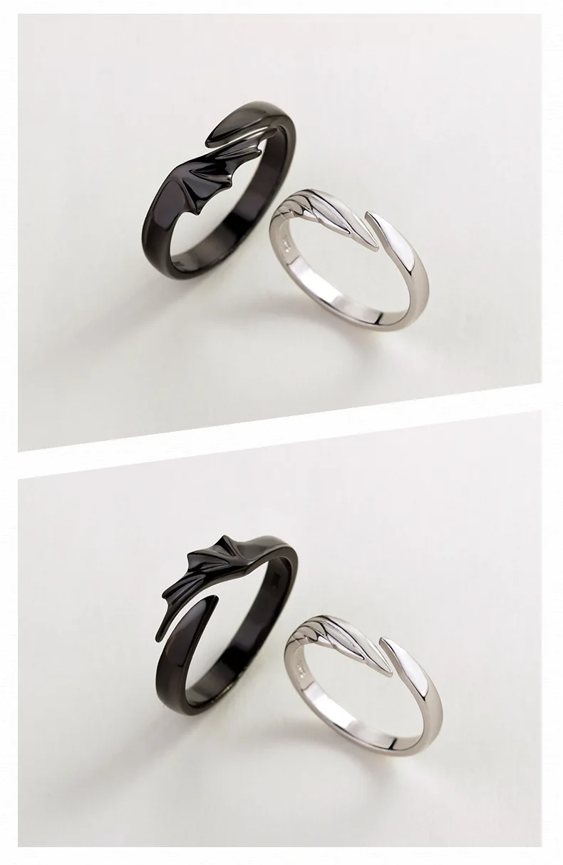 fancy design angel wings Angels and Demons 925 sterling silver rings original black and white rings adjustable