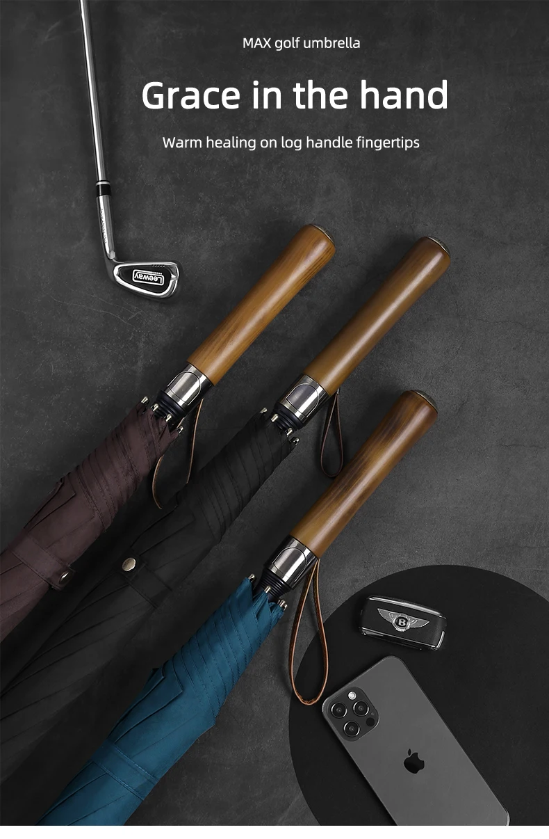 Non-slip wooden handle customized straight umbrella rain big golf umbrella long umbrella with logo mcc golf