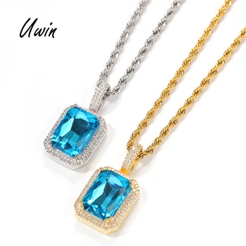 Iced Out CZ Pendant Big Blue Crystal Rhinestone Pendant Light Blue Stone Bling Ruby Pendant Rapper Necklace