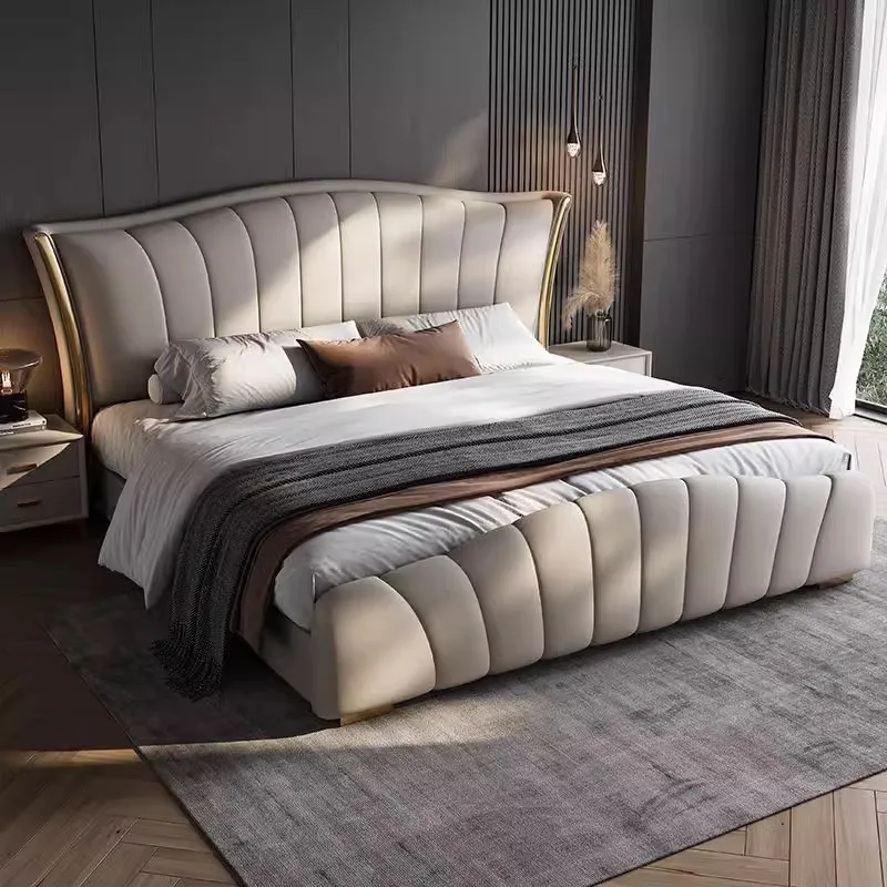 Wholesale Hotel Luxury Bedroom Furniture Luxury King Size Modern Leather Bed Frame High Double Soft Bed Upholstered Headboard