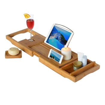 Luxury Bamboo Bathtub Caddy Expandable Wood Bath Tray Relaxing Bath with Wine Glass Holder, Reading Rack