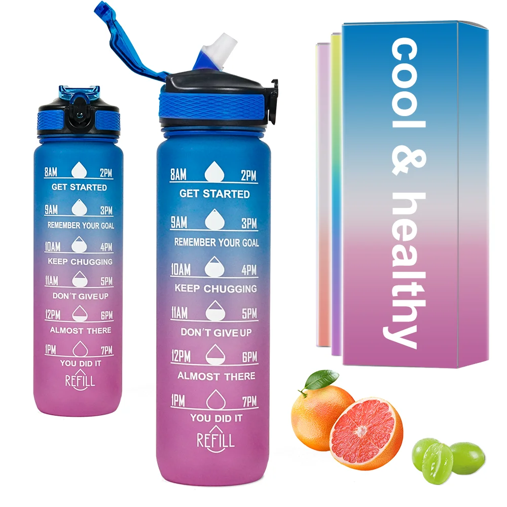 Bpa Free 1l 1 Liter Plastic Large Capacity Tritan Gym Sport Motivational Water Bottle with Straw and Time Marker