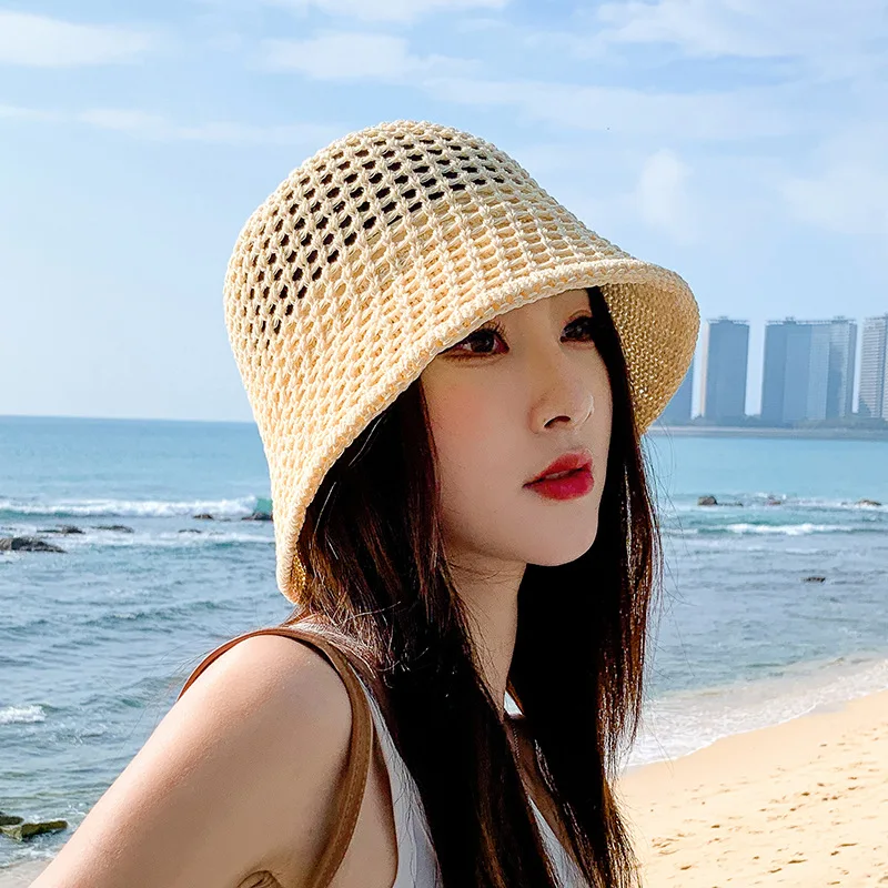 Summer Sun protection Hat Women Outdoor Knitting Sun Hat Hollow Fisherman Bucket Hat Cap