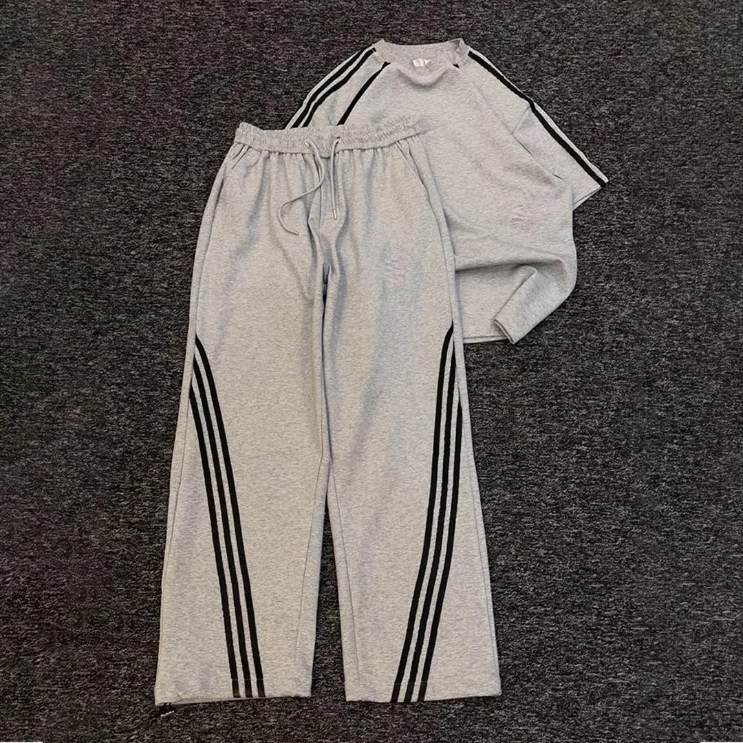 product 100 cotton custom streetwear tracksuit men oversized silhouette screen print t shirt casual sweatpants two piece set722-4