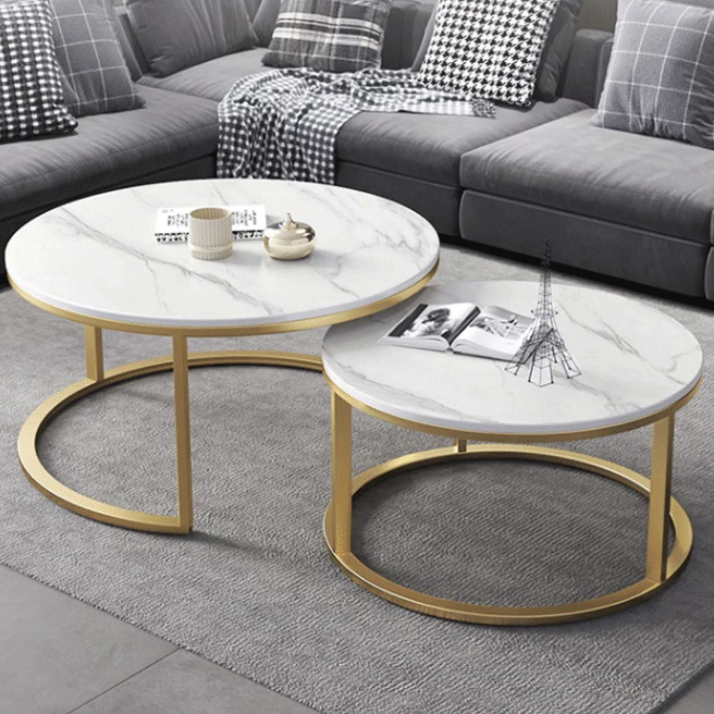 2021 Modern round living room gold frame decoration sofa marble top coffee tables mesa de centro