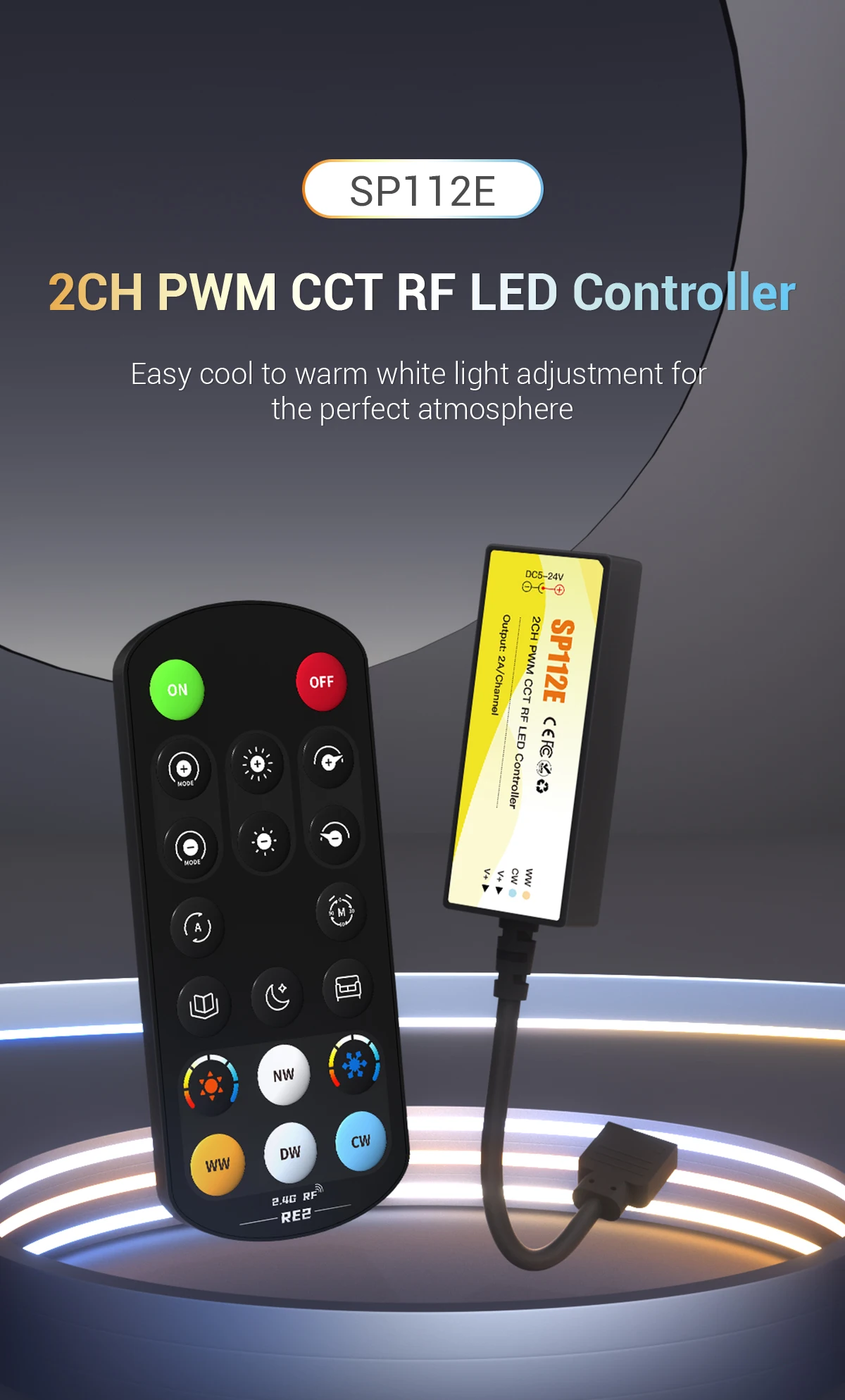 SP112E 2CH脉宽调制CCT发光二极管控制器2.4克射频远程色温可调光发光二极管灯带DC 5-24v
