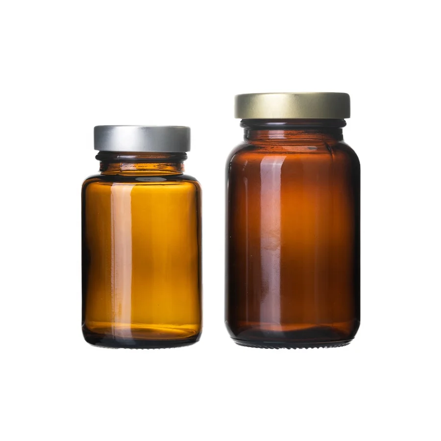 Stocked 100cc 150cc Glass Bottle Brown Amber Glass Jar For Healthcare Supplement with silver or gold caps