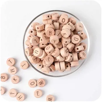 Custom 15mm Oblate Beech Letter Loose Beads Wooden Alphabet Beads for DIY Craft