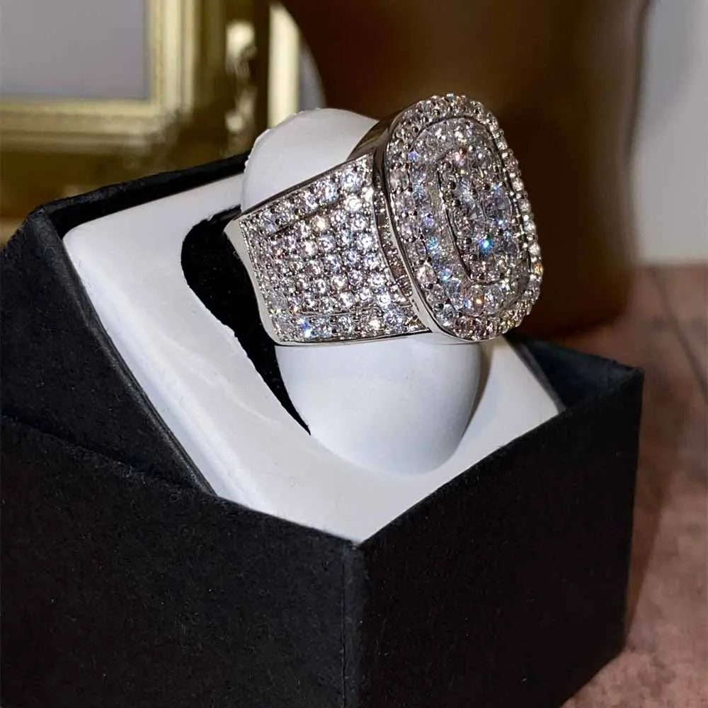 Rhodium Plated White Brass Gorgeous Square Ring Full Bling Iced Out Micro Pave Crystal Zircon Dazzling Bridal Ring