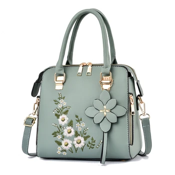 2022 cute big fashion shoulder ladies blue floral embroidery designs leather womens hand bags