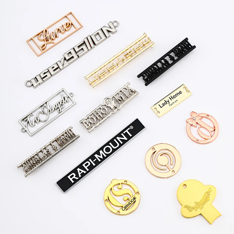 Custom Swimsuit Accessories Fancy Engraved Antique Brass Plating Alloy Sewing Metal Logo Labels for Swimwear for bag /clothing