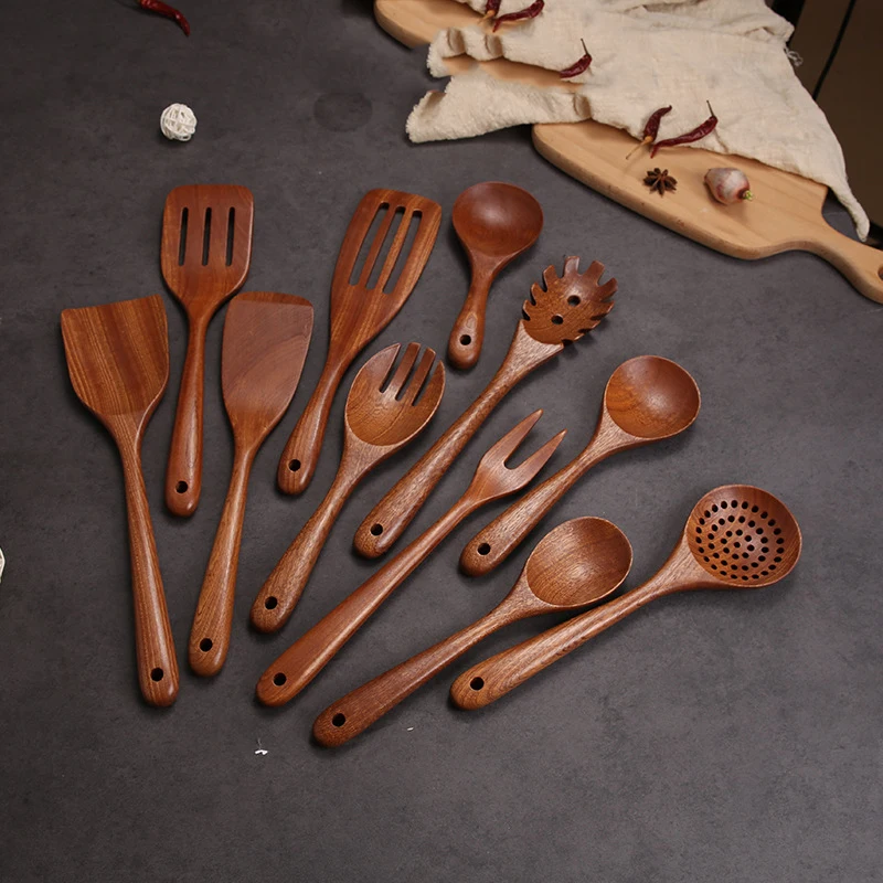 Wooden Spoons for Cooking Nonstick Wood Kitchen Utensil Cooking Spoons Natural Wood Kitchen Utensils Set Of 11 PCS