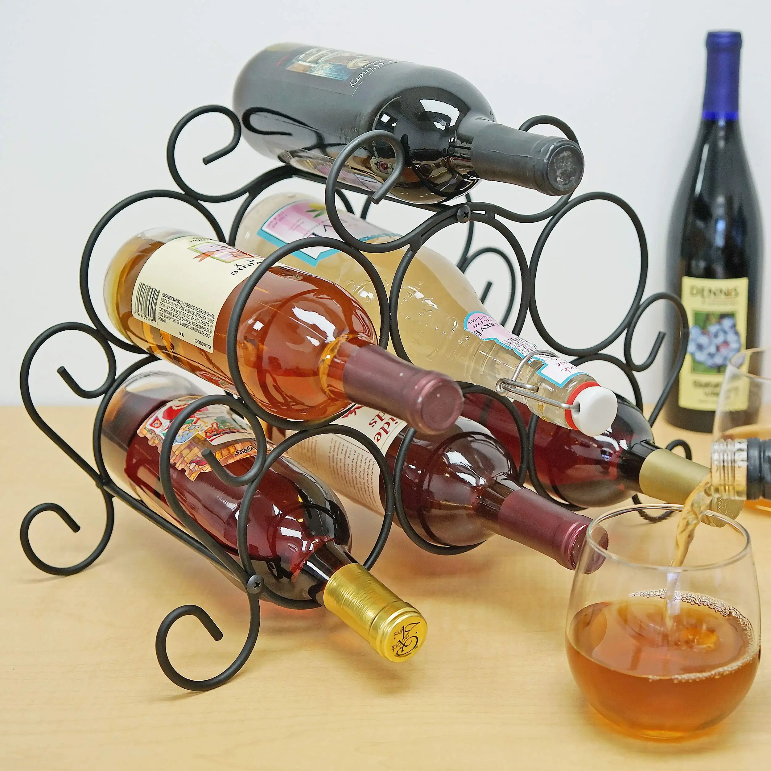 7-bottle Minuet Free Standing Wine Rack W/scroll Design For Kitchen Organization Of Wine Spirit Bottles