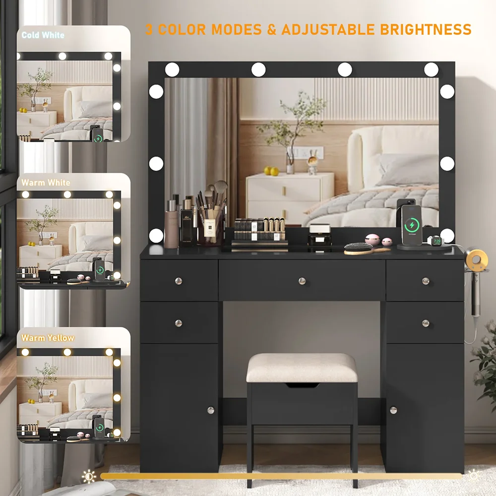 Luxury Makeup Vanity Set Lighted Mirror Quick Charging Socket Tempered-Glass Top Dressing Table Bedroom Furniture Storage factory