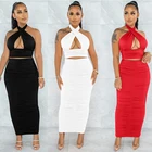 Clothing TOB Solid Halter 2 Piece Fall Set Women Folds Shirt Set Sexy Hollow Clothing Plus Size BK535