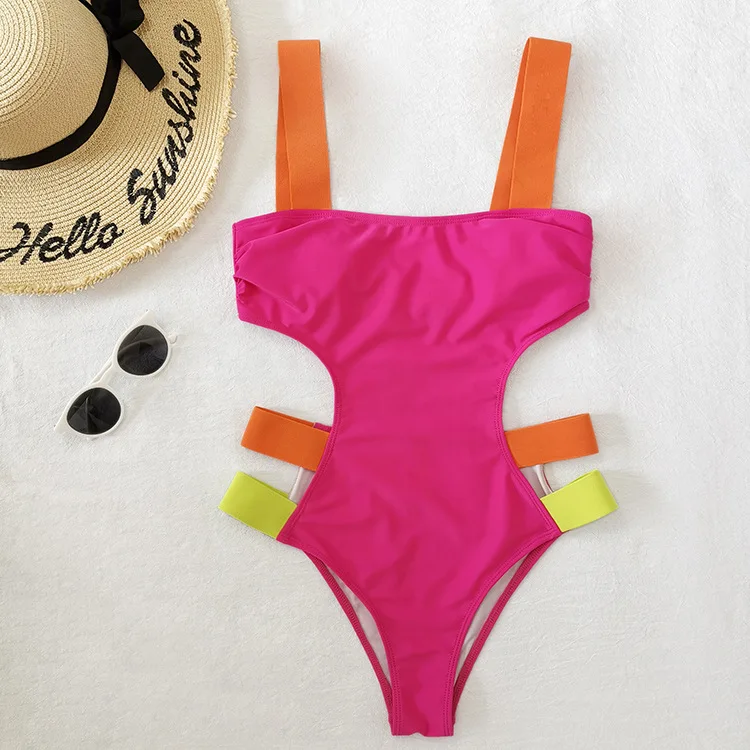 New fluorescent color bandage contrast color one-piece swimsuit European and American sexy bikini