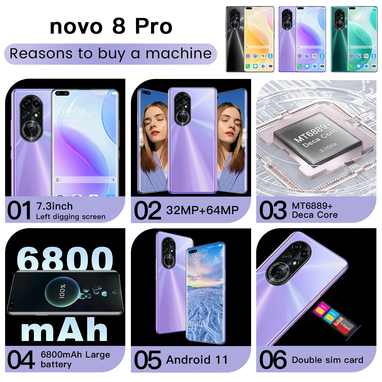 16gb+512gb Novo8 Pro Smartphone 7.3inch 1344*2772 6800mah Battery Mobile Cell Phone