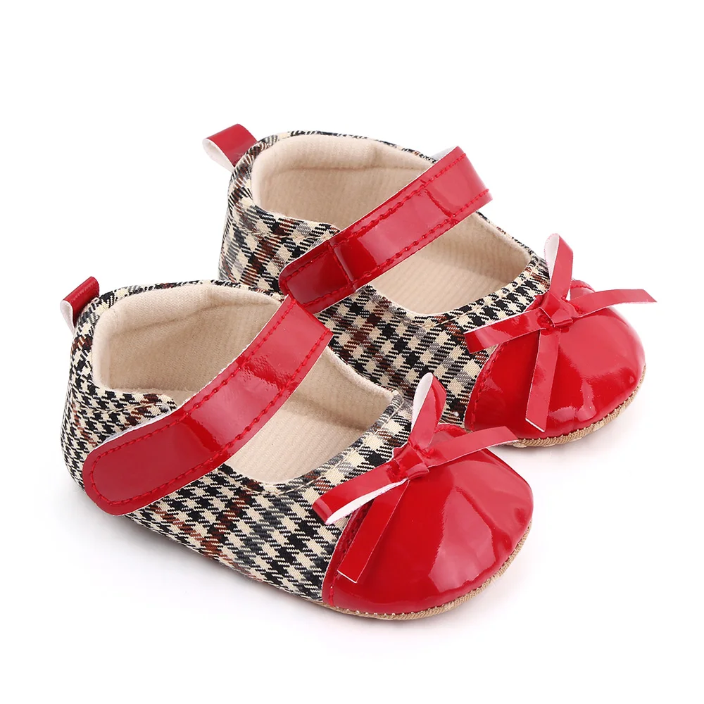 Baby Girls Cute Matching Plaid Solid Leather Bow Infants Soft Soled Princess Toddler Shoes manufacture