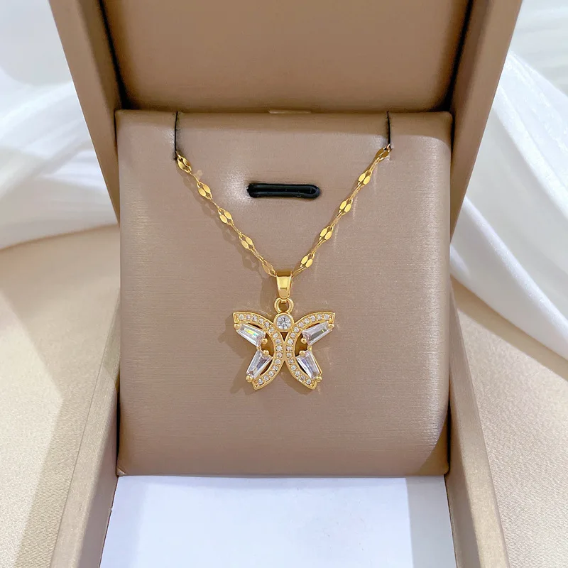 Fashion Jewelry Set women Stainless Steel Chain Zircon butterfly Pendant Necklace And Earrings Set For Gift