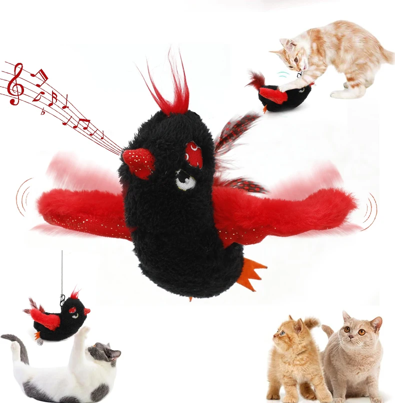 HOT Red Bird Cat Toys Touch Activated Flapping Wings Sparrow Interactive Smart Cat Toys USB Pet Products supplier