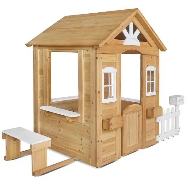 wooden outdoor playhouse with kitchen