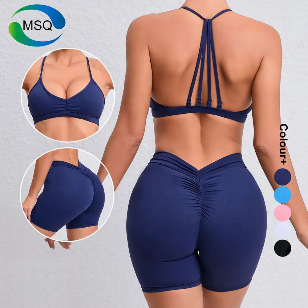Wholesale Womens New Brazilian V Back Activewear Workout Sets Sexy Push Up Gym Bra and Scrunch Butt Shorts Yoga Gym Clothes