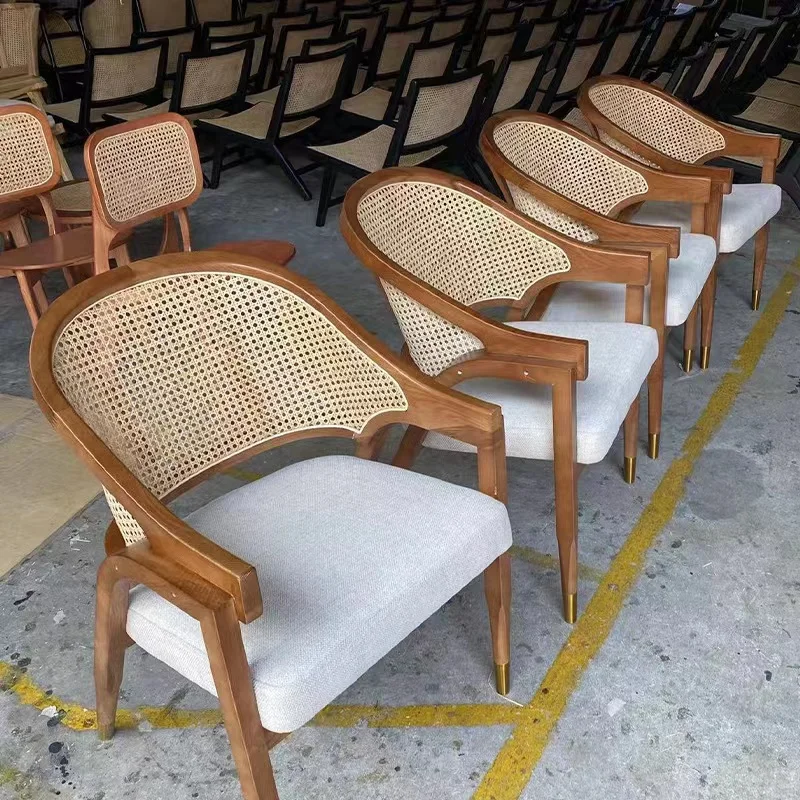 工厂销售餐厅酒店家具现代灰实木藤背休闲皮革餐厅椅