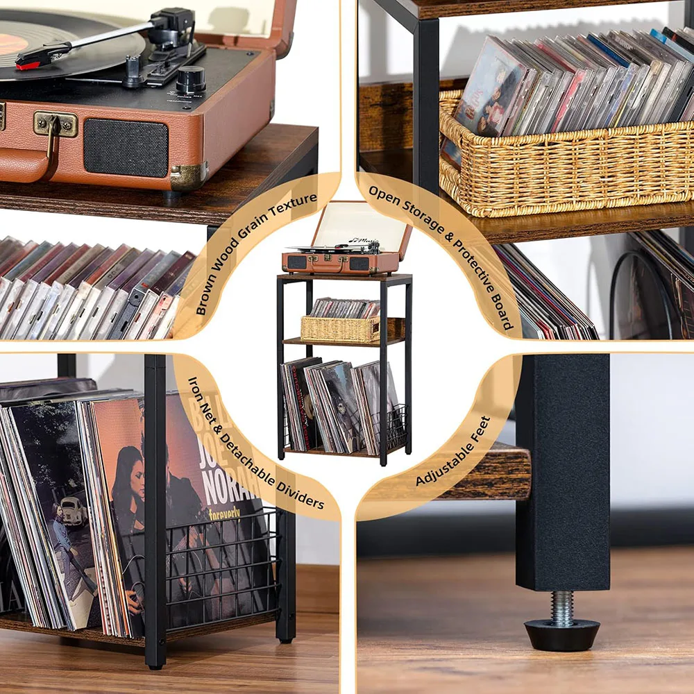 3-Tier Brown Records Storage End Table Wooden Metal Turntable Stand Living Room Bedroom Coffee Tables Record Player Stand supplier