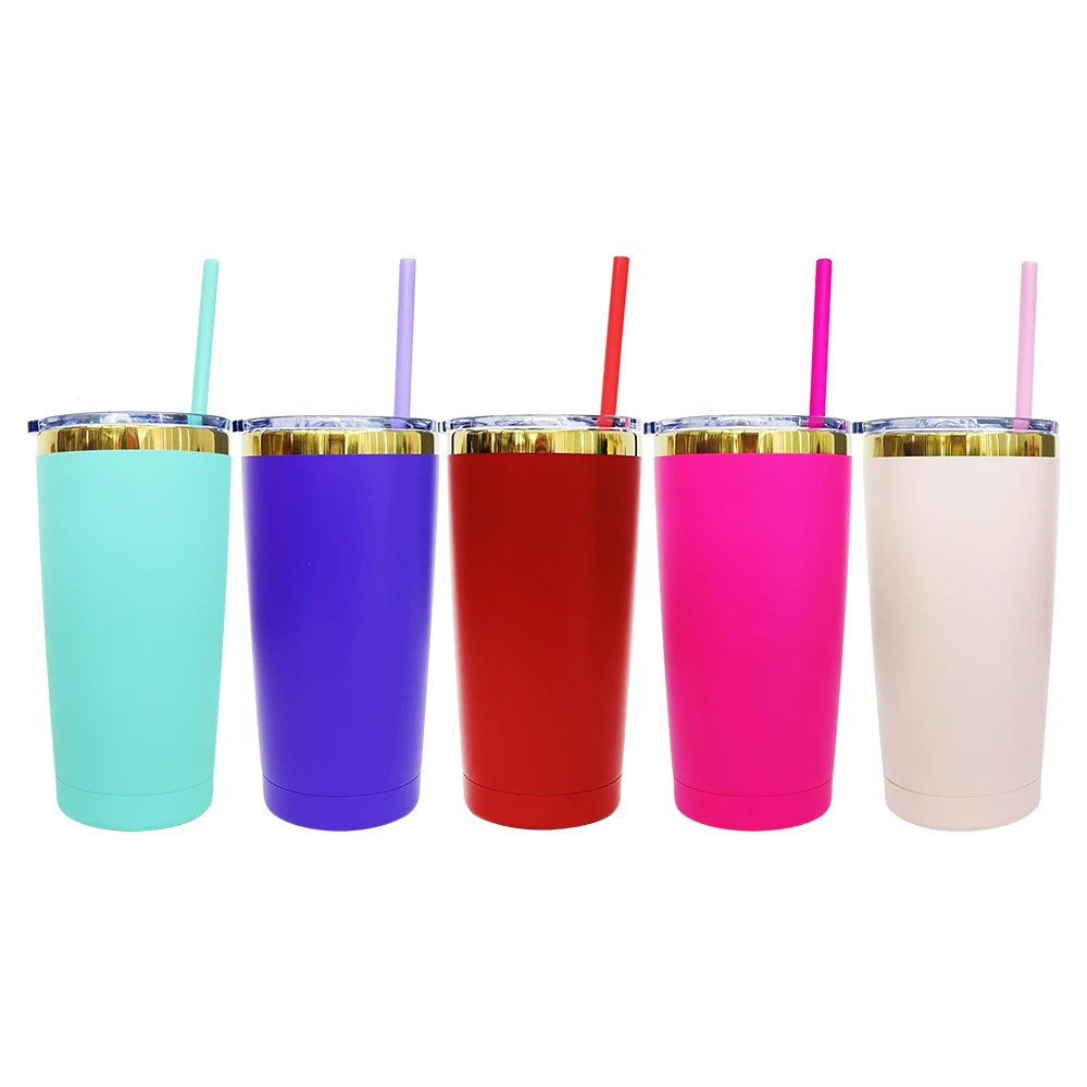 wholesale bulk travel mug stainless steel coated black white mixed Car 20oz tumbler with straw for laser engraving