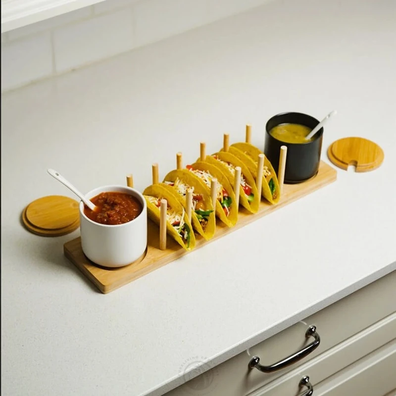 Hot sale Bamboo Taco Holder Stand Taco Stand up Holder Wooden Serving Tray Holds Up 8 Tacos