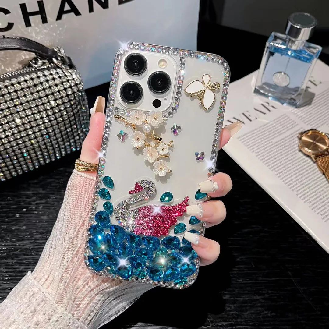 Luxury Mobile Cell Cover Back Rhinestone Swan Phone Cases for iPhone 15 14 13 12 11 XR XS Max Samsung S24 A54