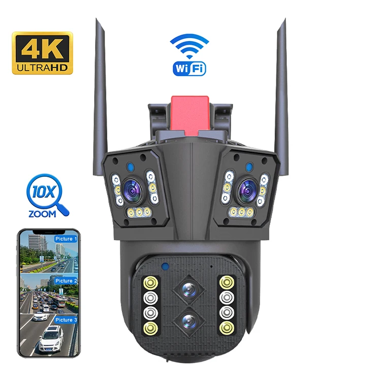 4k Wifi Outdoor Security Surveillance with Four Lens 10x Optical Zoom Two-way Audio Night Vision Ip Auto Tracking Cctv Camera