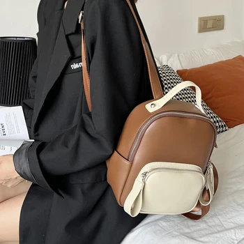 Korea style Backpack Female New Backpacks For Women Contrast genuine leather School Bags