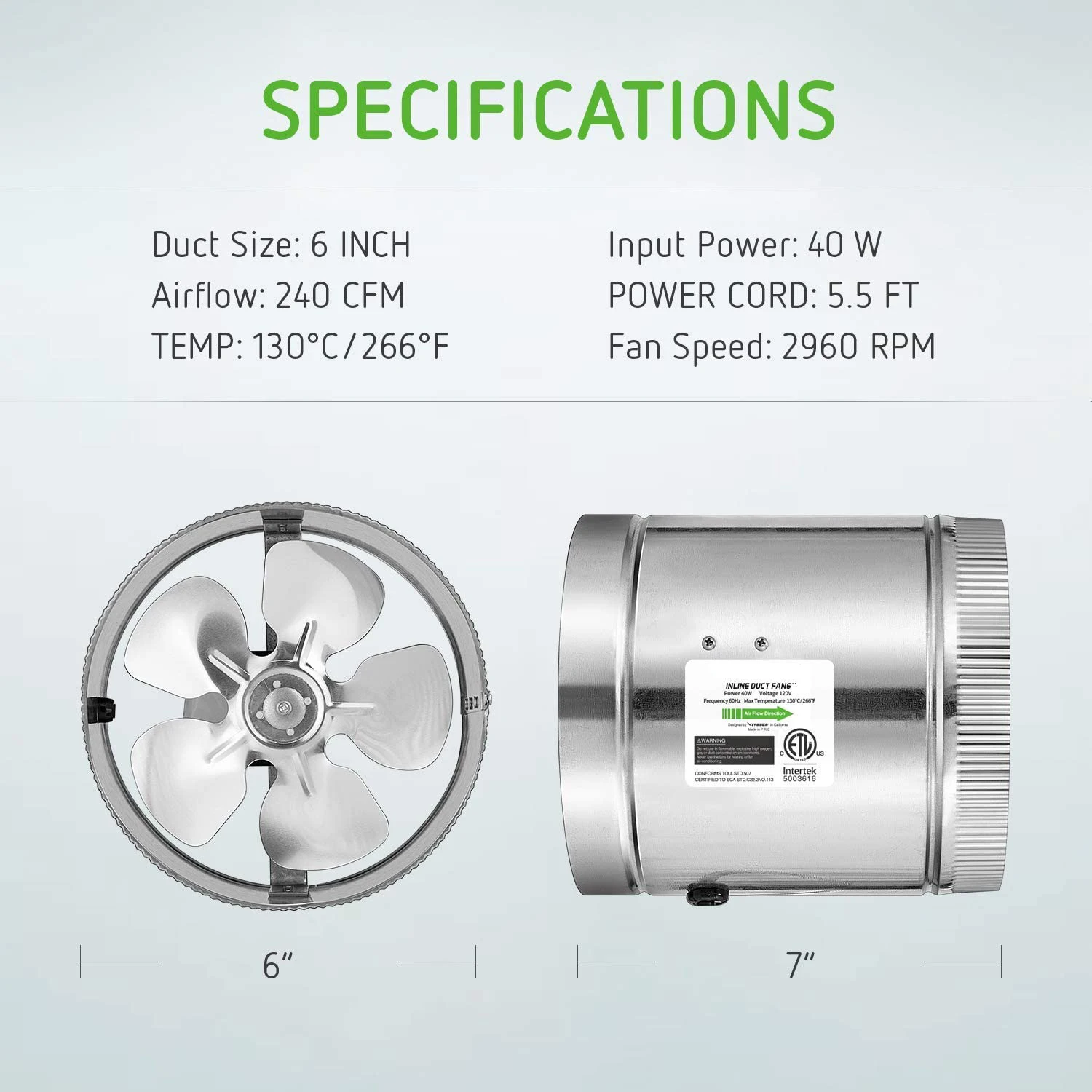 Inline Duct Fan, FENGDA, ETL, 280, CFM - detail 4