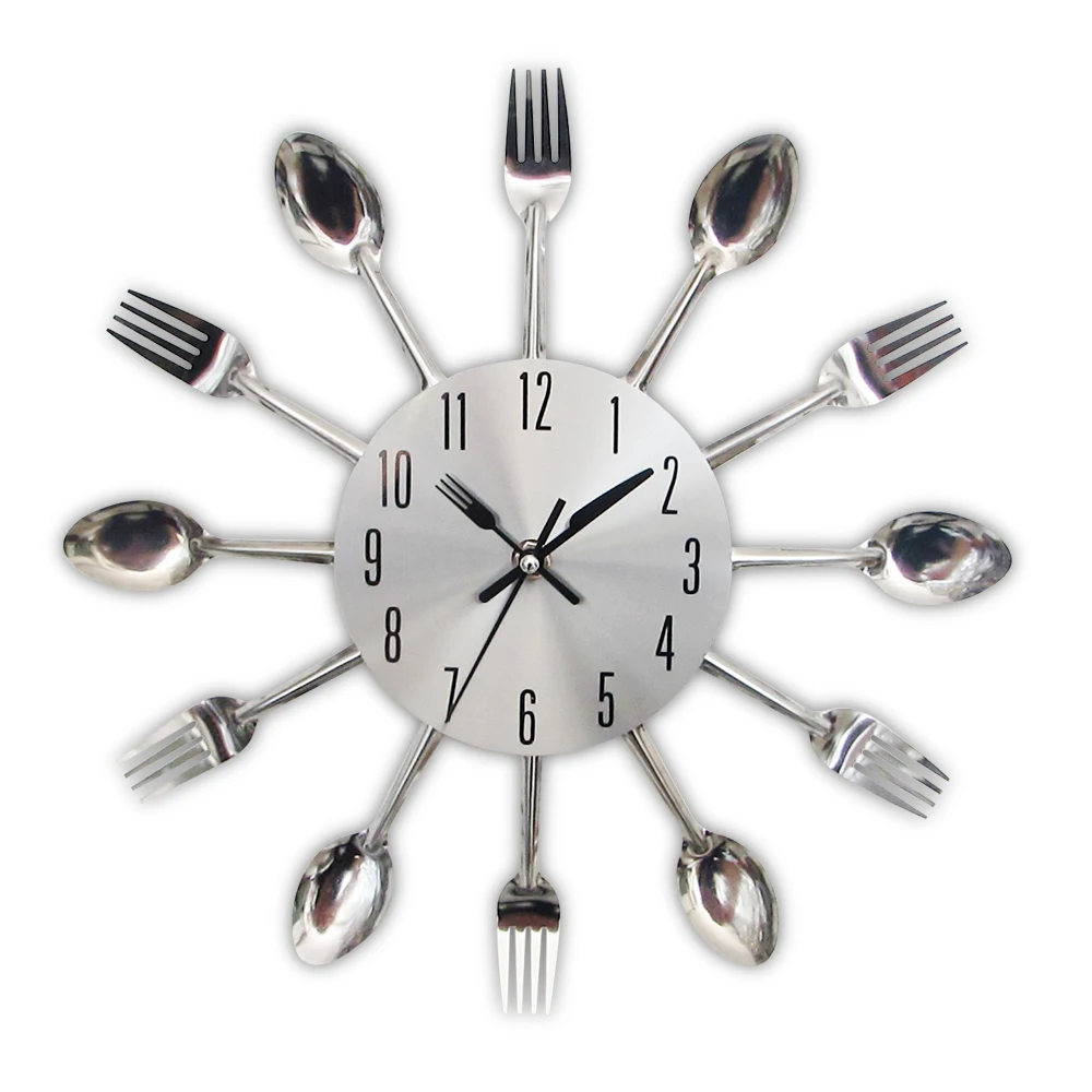 Modern Kitchen Wall Clock Sliver Spoon Fork Cutlery Creative Home Decor Gift 