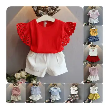 Girls Summer Suit 2024 New Fashion Korean Baby Girl Chiffon Short-sleeved Shirt Denim Shorts Sweet and Cute Two-piece Set